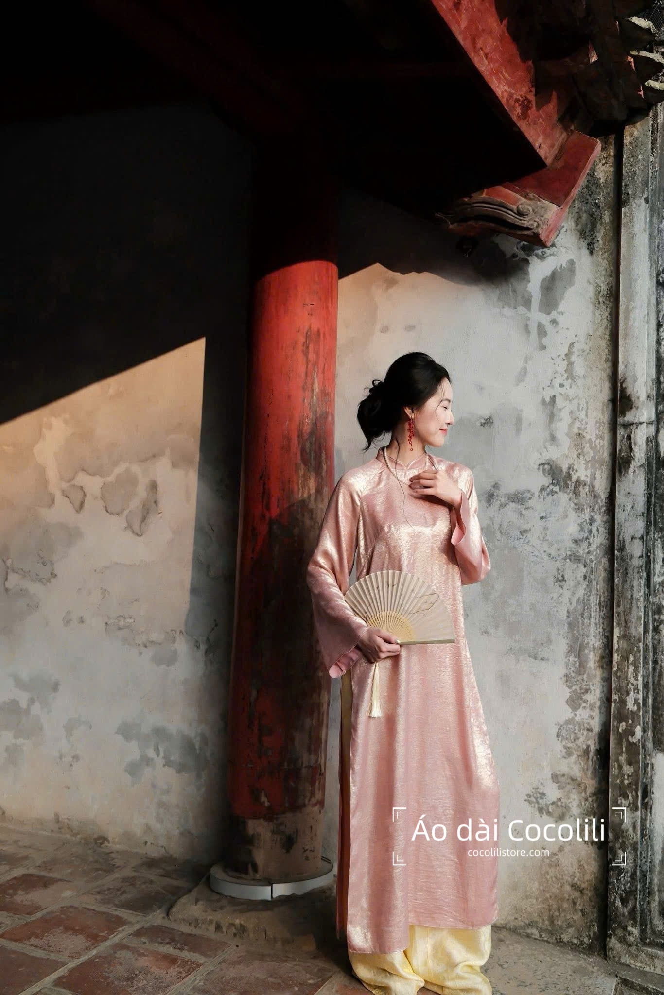 M408 Áo only (no pants) - Áo dài dáng suông 2 tà lụa nhũ paris