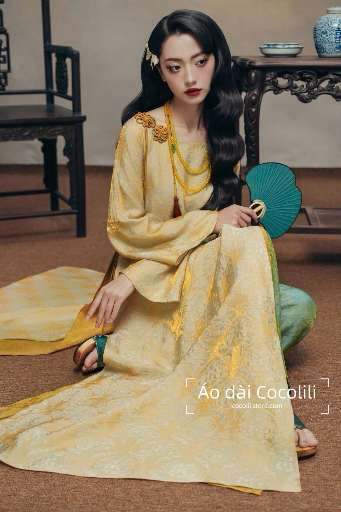 M413 Áo + quần - Áo dài lụa tencel ánh kim cổ thuyền +quần xanh