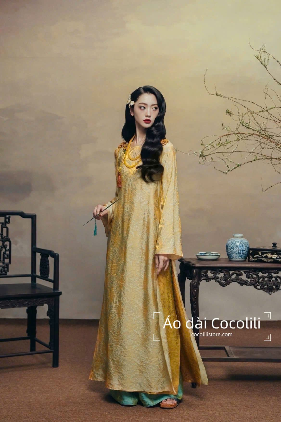 M413 Áo + quần - Áo dài lụa tencel ánh kim cổ thuyền +quần xanh