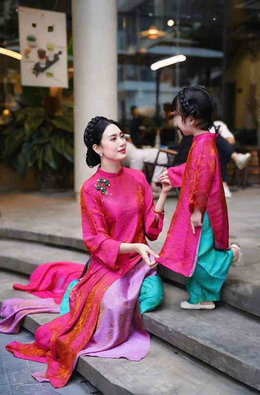 M437 Áo + quần tằm - Áo dài dáng suông 4 tà tằm ánh kim tencel