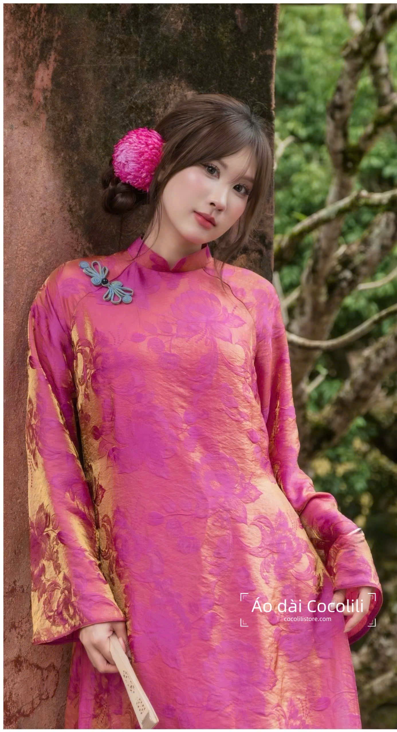 M410 Áo + quần tằm - Áo dài dáng suông 4 tà tằm ánh kim tencel yên sen