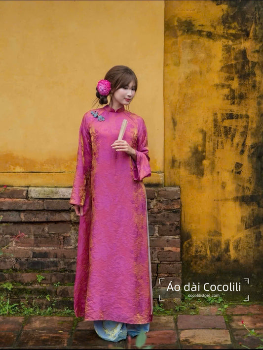 M410 Áo + quần tằm - Áo dài dáng suông 4 tà tằm ánh kim tencel yên sen