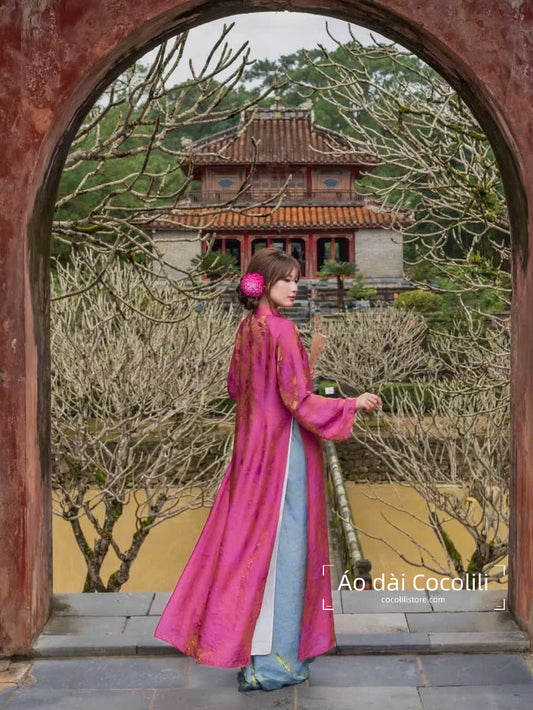 M410 Áo + quần tằm - Áo dài dáng suông 4 tà tằm ánh kim tencel yên sen