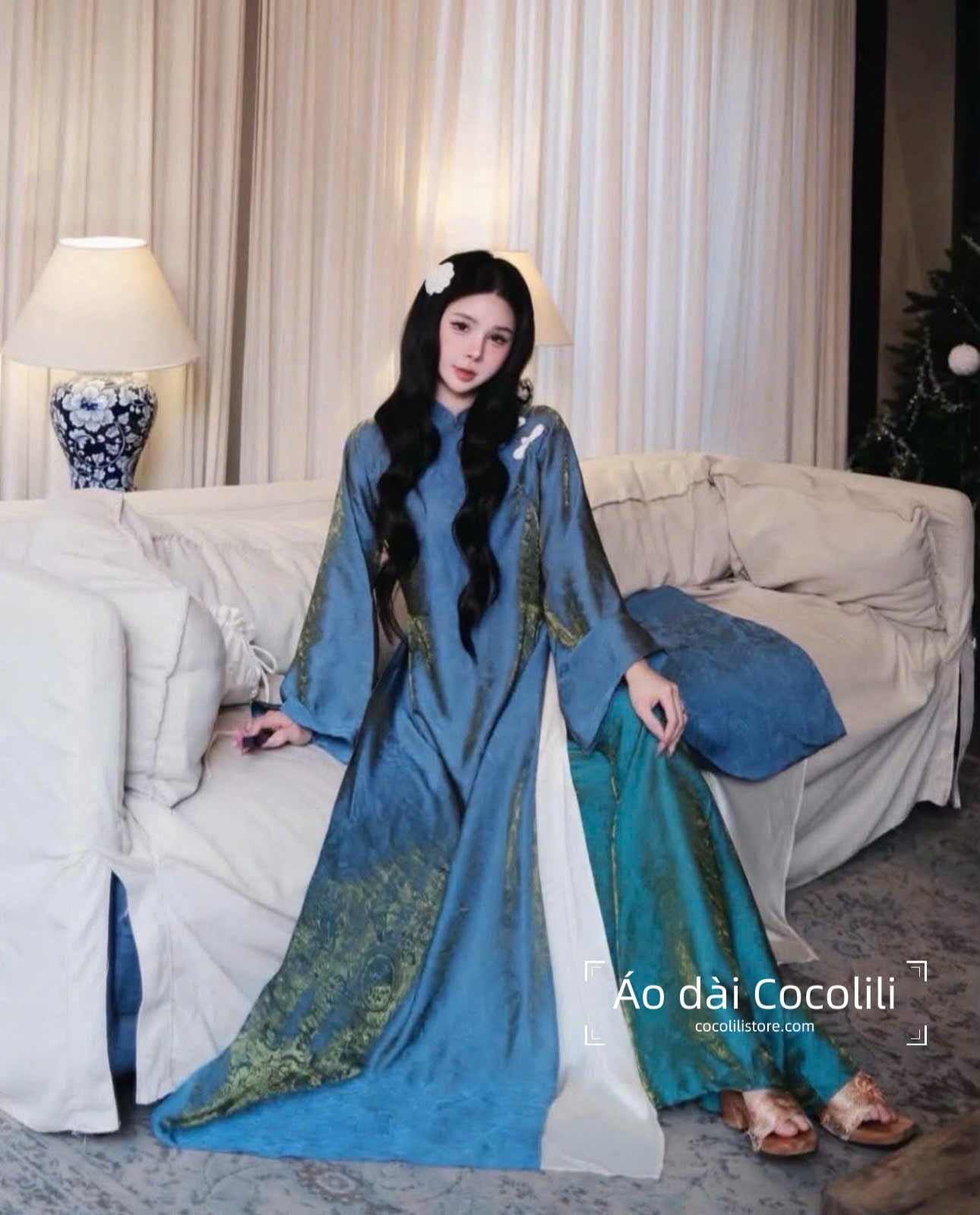 M411 Áo + quần tằm - Áo dài dáng suông 4 tà tằm ánh kim tencel màu xanh dương