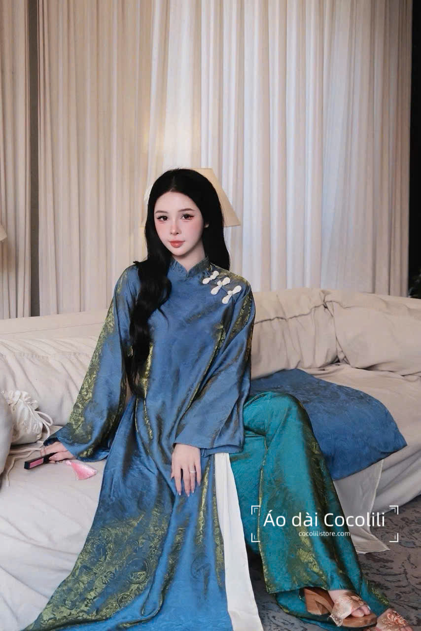 M411 Áo + quần tằm - Áo dài dáng suông 4 tà tằm ánh kim tencel màu xanh dương