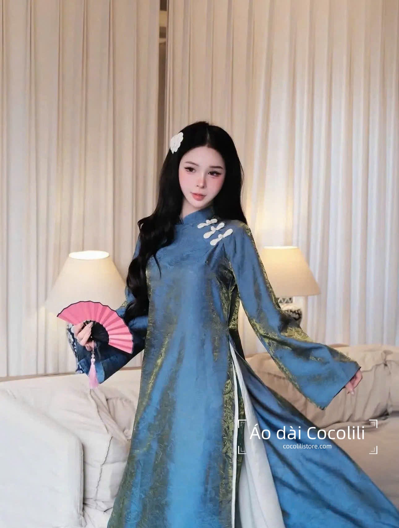 M411 Áo + quần tằm - Áo dài dáng suông 4 tà tằm ánh kim tencel màu xanh dương