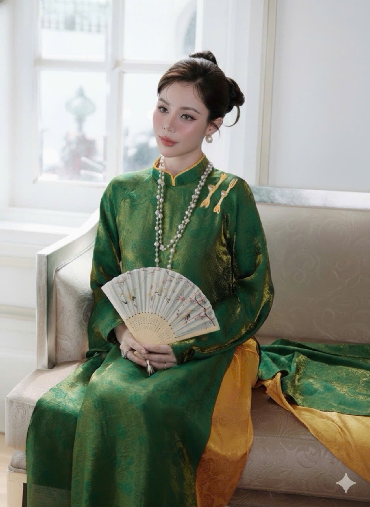 M412 Áo only no pants - Áo dài dáng suông 4 tà màu xanh lá