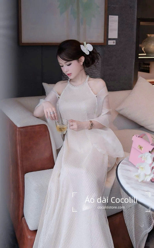 M429 Áo + quần lụa - Áo yếm kimsa 4 tà kèm choàng màu kem