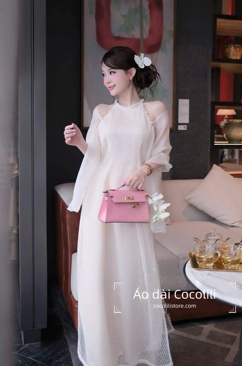 M429 Áo + quần lụa - Áo yếm kimsa 4 tà kèm choàng màu kem