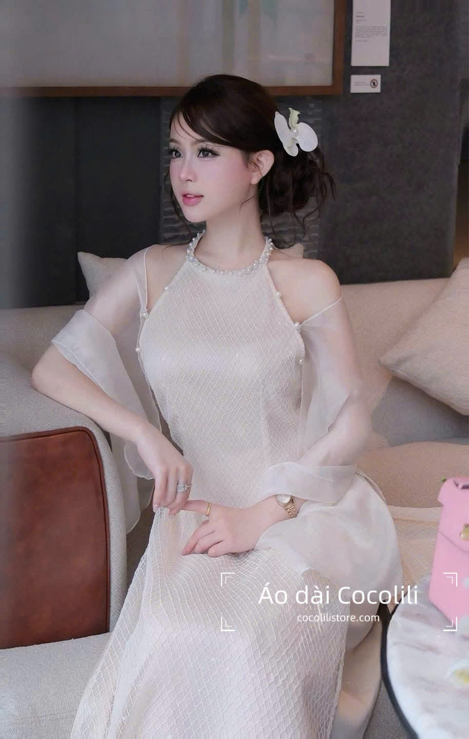 M429 Áo + quần lụa - Áo yếm kimsa 4 tà kèm choàng màu kem