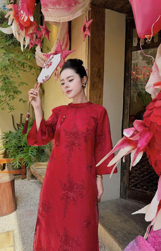M418 Áo + quần lụa - Áo dài dáng suông tơ thêu 4 tà màu đỏ đậm