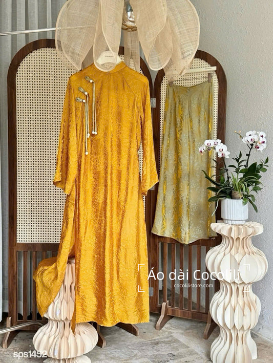 M434 Áo + quần tằm - Áo dài dáng suông 4 tà tằm ánh kim tencel màu vàng