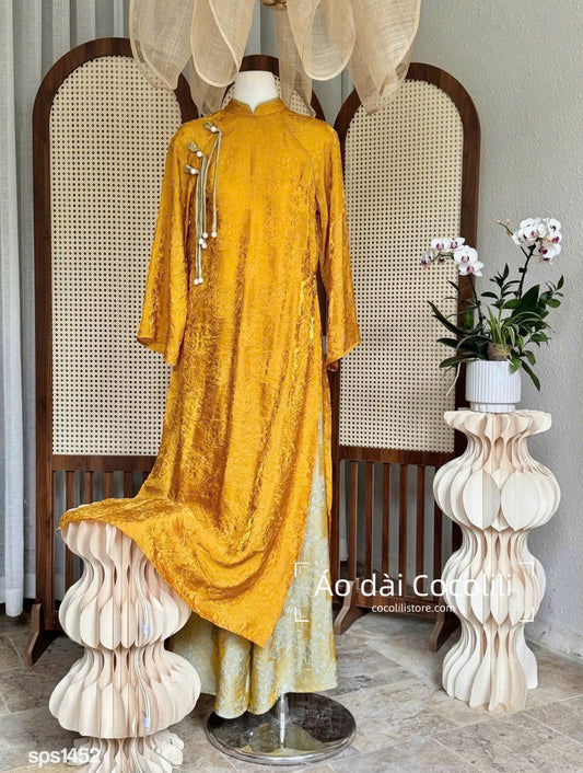 M575 4083 Áo + quần tằm - Áo dài dáng suông tằm ánh kim tencel màu vàng