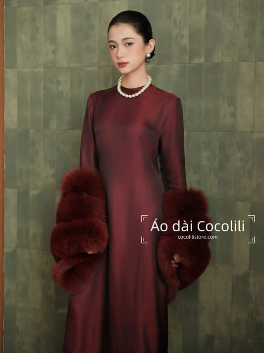 HD52 Áo + quần cùng chất - Áo dài lụa tơ tằm nha xá dáng suông 2 tà màu đỏ đậm