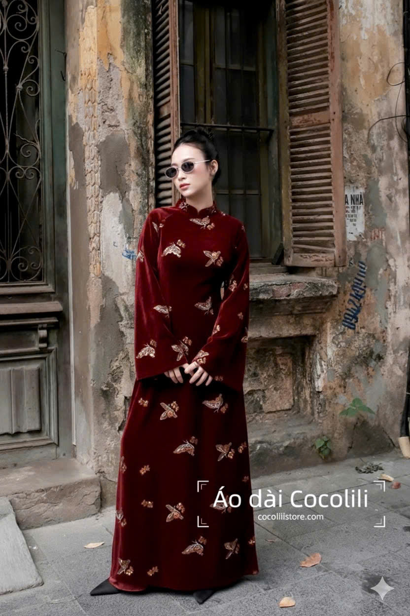 N80 Áo + quần nhũ - Áo dài dáng suông nhung sequin màu đỏ đô