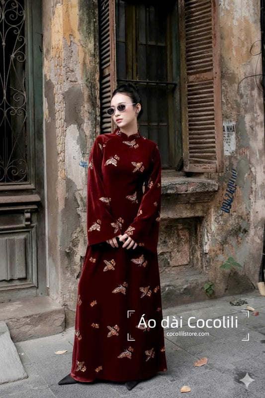 N80 Áo + quần nhũ - Áo dài dáng suông nhung sequin màu đỏ đô