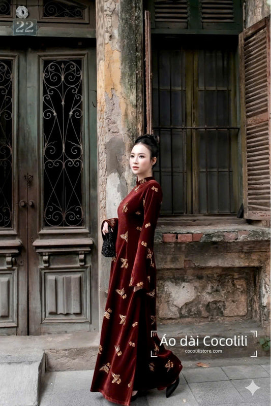 N80 2963 Áo + quần nhũ - Áo dài dáng suông nhung sequin màu đỏ đô