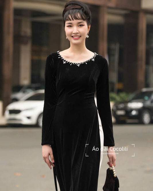 N81 2964 Áo only no pants - Áo dài dáng truyền thống nhung đính đá cổ thuyền