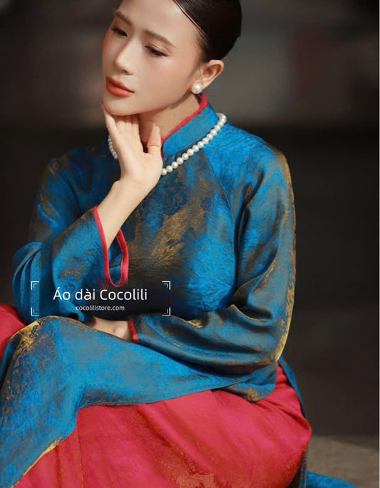 M424 Áo + quần tằm - Áo dài dáng suông 2 tà lụa tằm ánh kim tencel