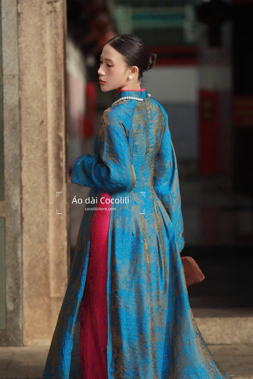 M424 Áo + quần tằm - Áo dài dáng suông 2 tà lụa tằm ánh kim tencel