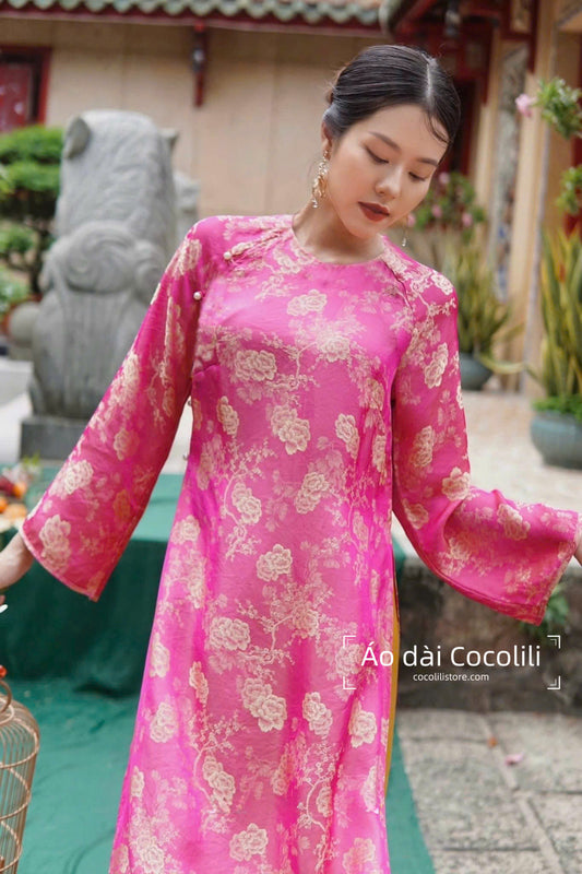 M423 Áo only no pants - Áo dài dáng suông lụa gấm 2 da màu hồng sen