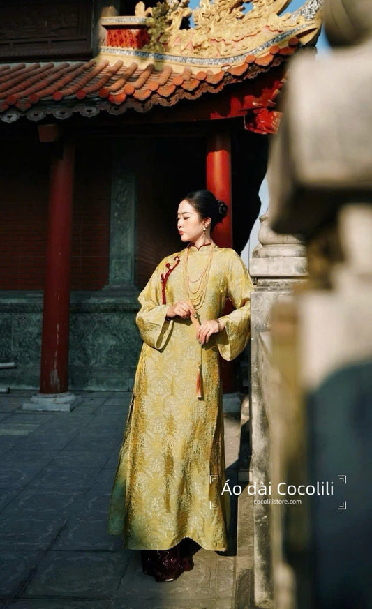 M436 Áo + quần tằm - Áo dài dáng suông 2 tà lụa tằm ánh kim tencel