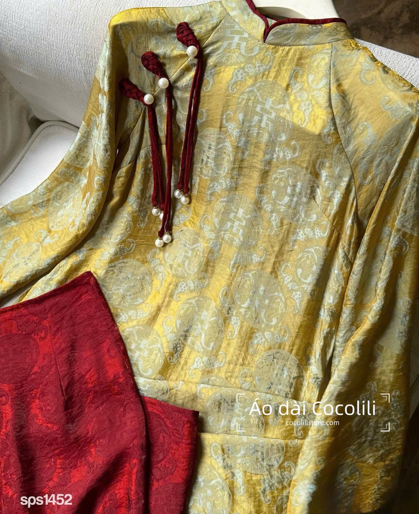 M436 Áo + quần tằm - Áo dài dáng suông 2 tà lụa tằm ánh kim tencel