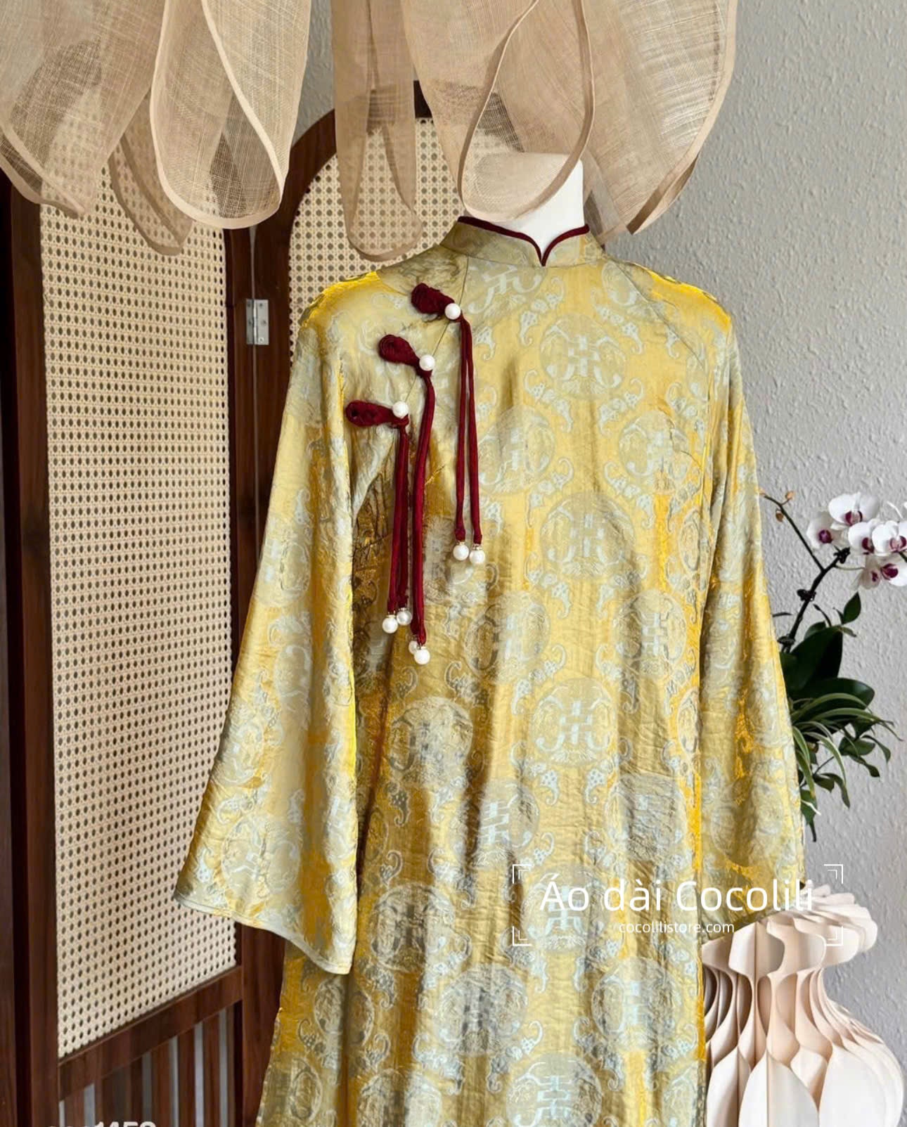 M436 Áo + quần tằm - Áo dài dáng suông 2 tà lụa tằm ánh kim tencel