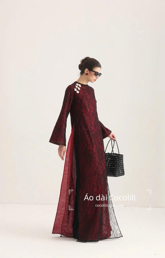 H581 Áo only no pants - Áo dài dáng suông 4 tà ren lót tằm ánh kim đỏ