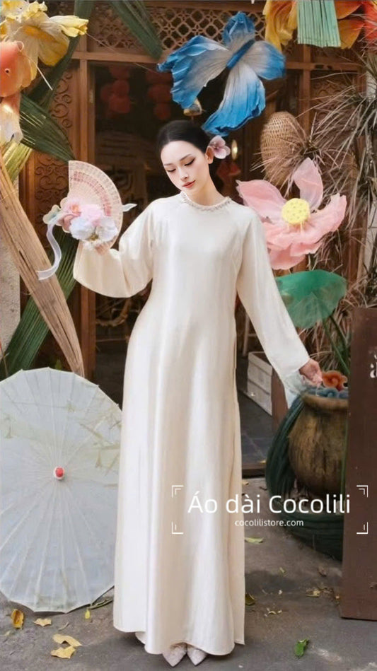M431 3598 Áo only no pants - Áo dài dáng suông 2 tà lụa tráng gương đính cổ