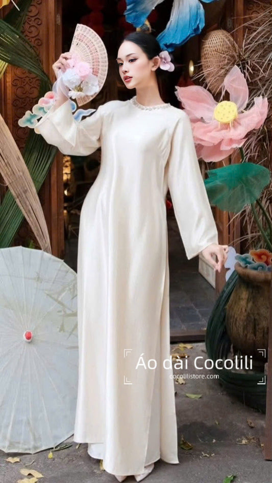 M431 3598 Áo only no pants - Áo dài dáng suông 2 tà lụa tráng gương đính cổ