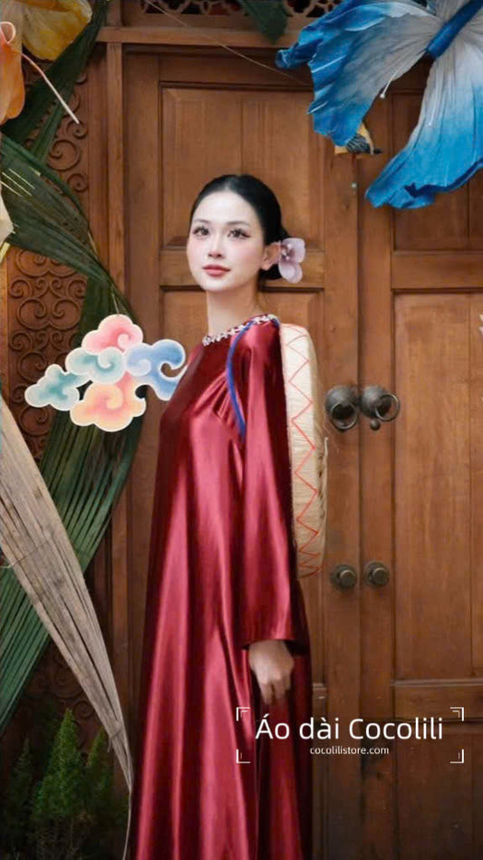 M433 2996 Áo only no pants - Áo dài dáng suông 2 tà lụa tráng gương đính cổ màu đỏ