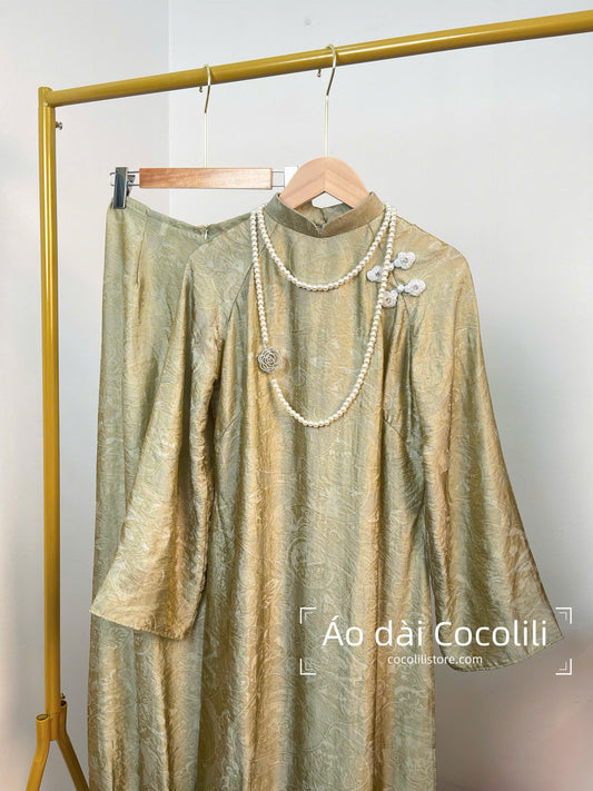 M407 Áo + quần cùng chất - Áo dài dáng suông 4 tà tằm ánh kim tencel lót ren