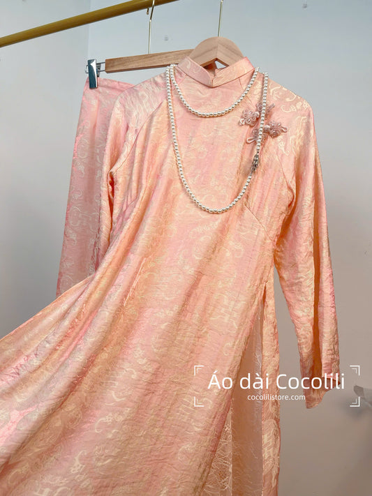 M415 Áo + quần cùng chất - Áo dài dáng suông 4 tà tằm ánh kim tencel lót ren màu
