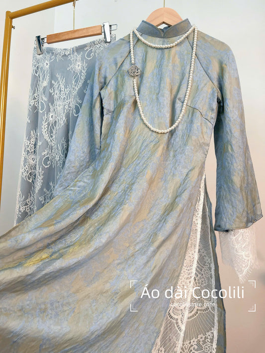 M430 Áo + quần ren 2 lớp - Áo dài dáng suông 4 tà tằm ánh kim tencel lót ren màu xanh