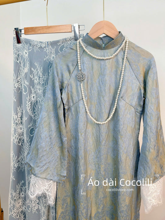 M430 Áo + quần ren 2 lớp - Áo dài dáng suông 4 tà tằm ánh kim tencel lót ren màu xanh