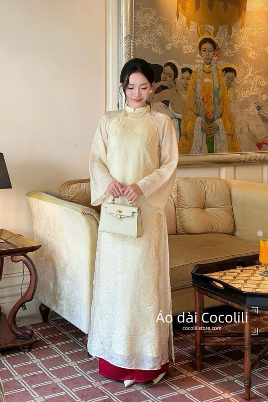 M435 Yếm vàng + áo trắng + quần đỏ - Set 3 món dáng suông tằm tencel ánh kim