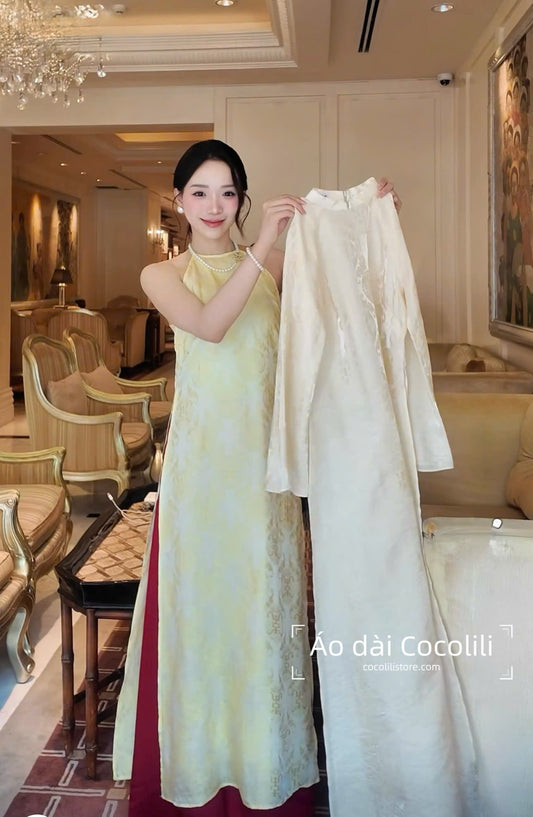 M435 Yếm vàng + áo trắng + quần đỏ - Set 3 món dáng suông tằm tencel ánh kim