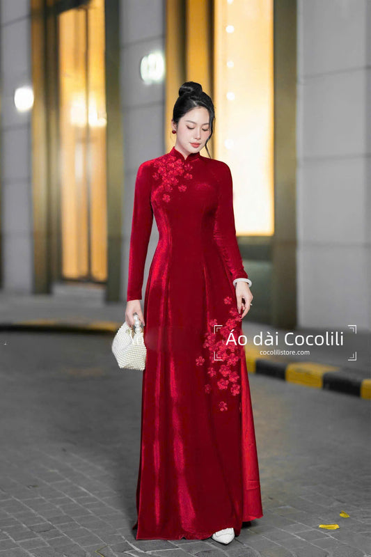 H507 Áo only no pants - Áo dài nhung đỏ đô đính hoa nổi