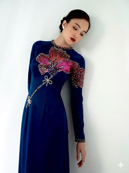 S300 Áo only no pants - Áo dài chiffon 4 tà thiết kế đính kết màu xanh than