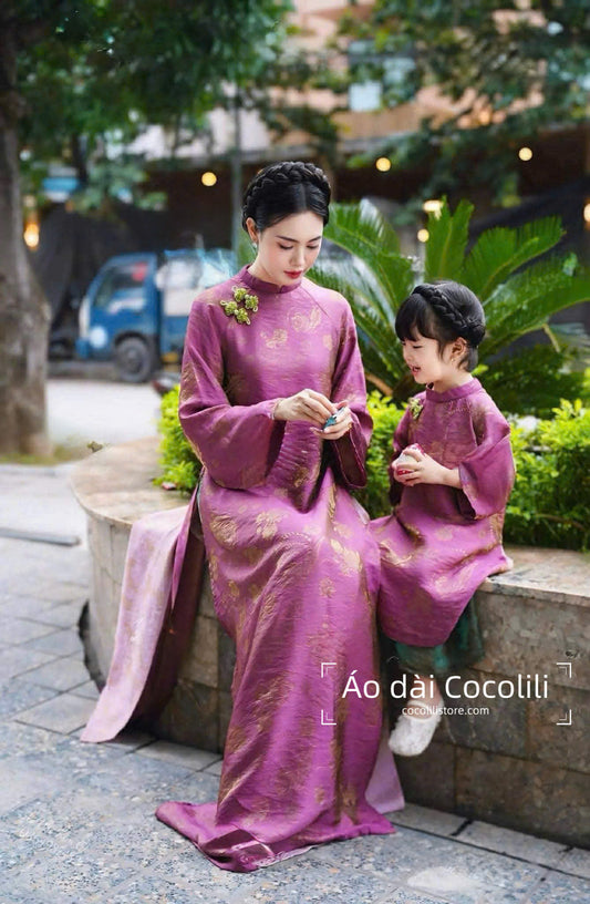 M508 Áo + quần cùng chất - Áo dài dáng suông 4 tà tằm tencel màu tím cẩm