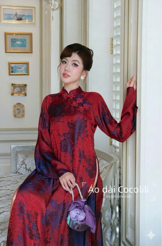 H596 Áo only no pants - Áo dài dáng suông 2 tà lụa silk óng màu đỏ đậm