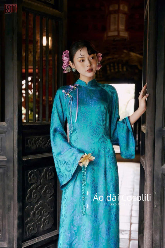 H611 Áo + quần ngọc trai tím- Áo dài lụa thọ dơi màu xanh đính cúc nơ dáng truyền thống