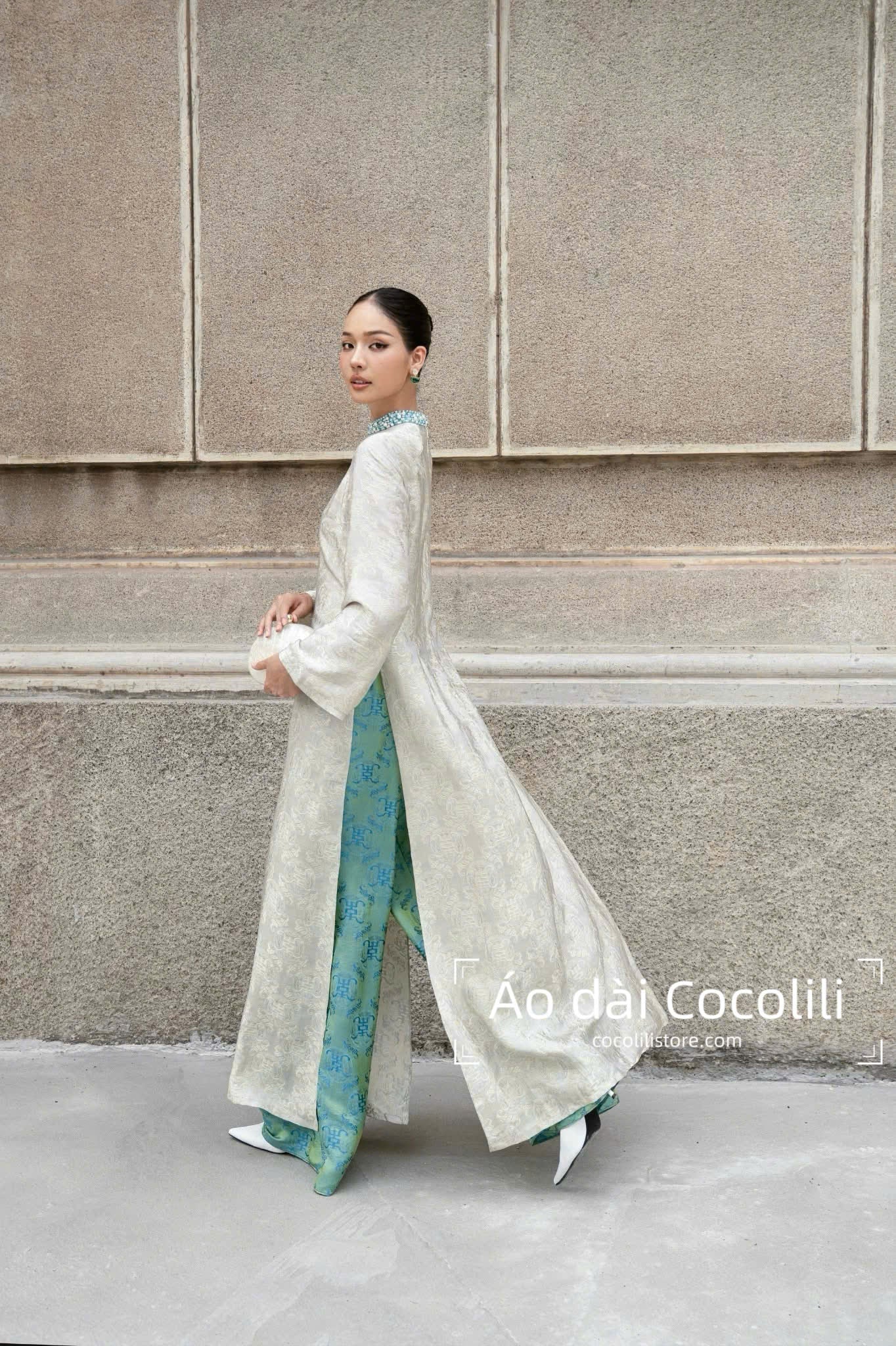 HD60 Áo + quần - Áo dài lụa nha xá thọ dơi 2 tà dáng suông đính kết cổ