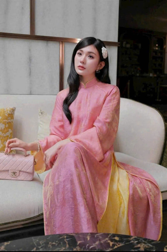 H610 3197 Áo only no pants - Áo dài dáng suông 4 tà tằm tencel màu hồng