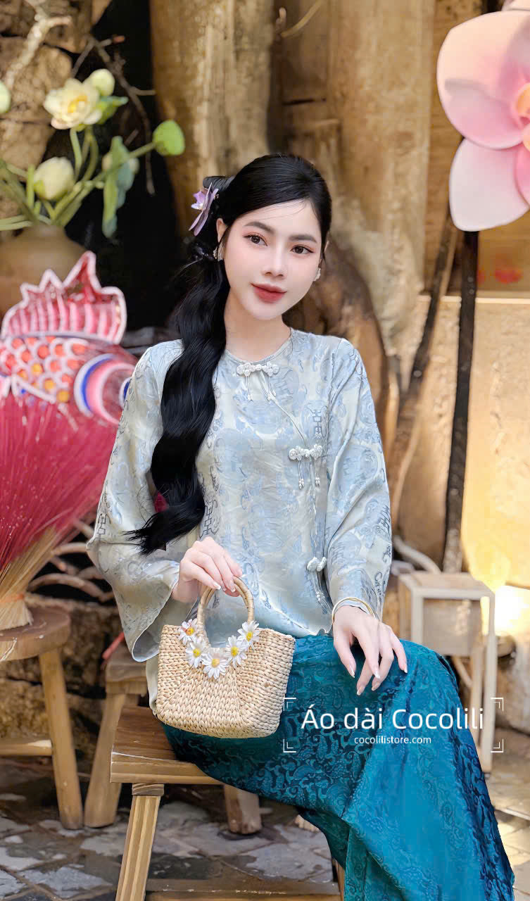 BB57 3200 - Set bà ba lụa thọ dơi đính khuy đá