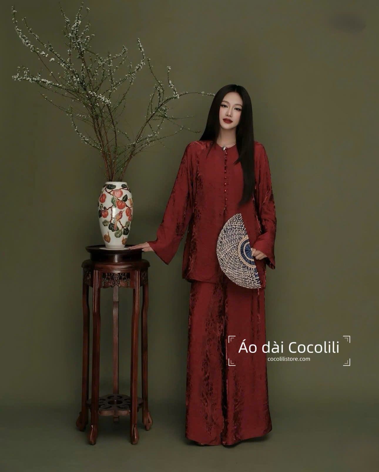 BB65 BB72 3353 - Set bà ba tằm tencel ánh kim thọ dơi màu đỏ đậm