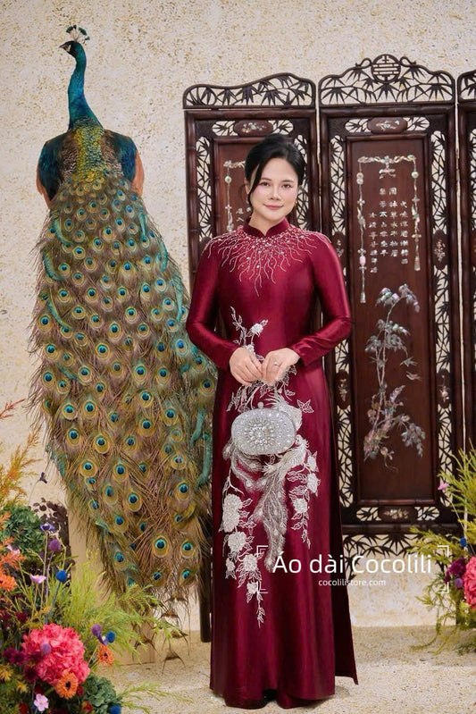 H608 Áo only no pants - Áo dài lụa ruby thêu đính kết cao cấp