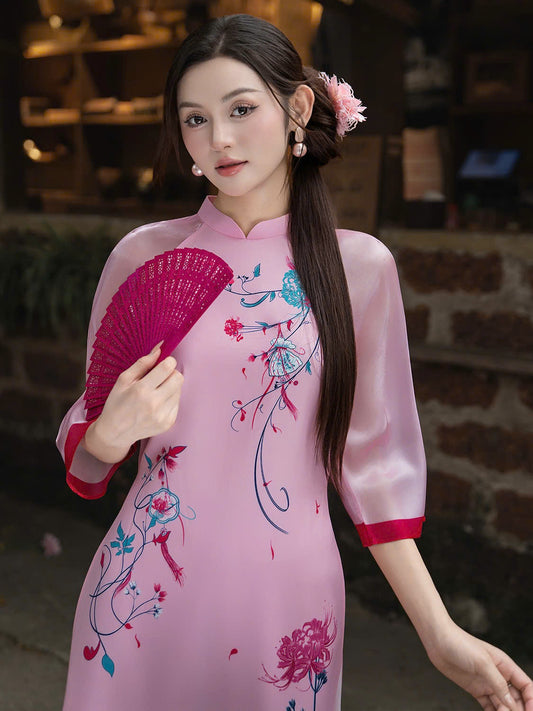 M518 Áo + quần - Áo dài dáng suông cách tân màu hồng