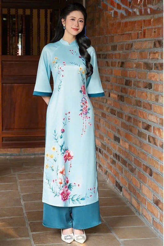 M517 Áo + quần - Áo dài dáng suông cách tân màu xanh